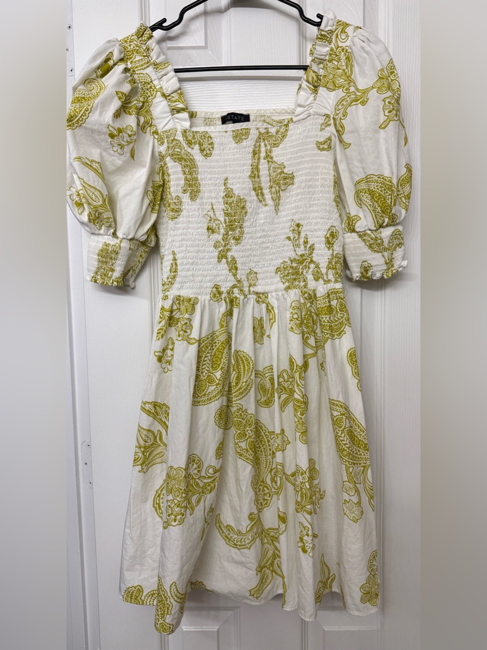 1. State White Mini Dress with Olive-Green Paisley Print